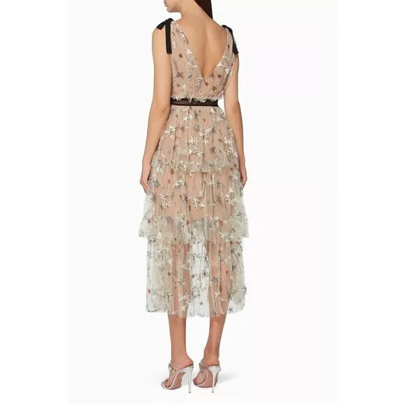 Self Portrait Star Mesh Midi Dress - 8 - Beige