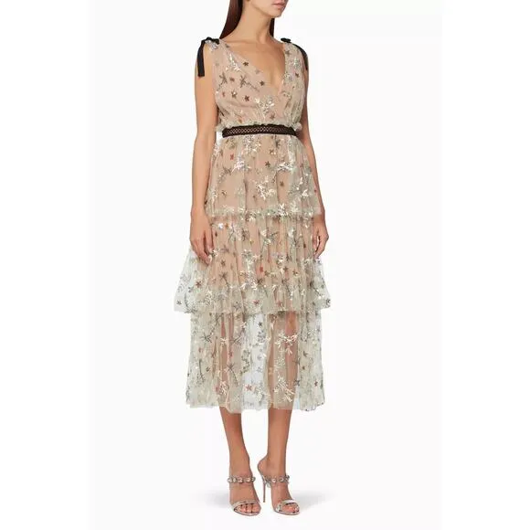 Self Portrait Star Mesh Midi Dress - 8 - Beige