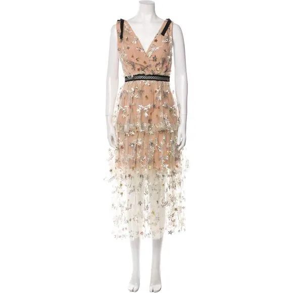 Self Portrait Star Mesh Midi Dress - 8 - Beige