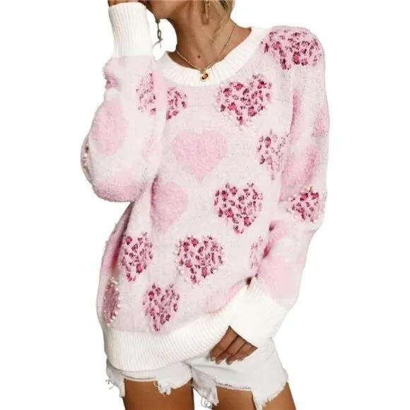 SELINK Women's Fuzzy Heart Sweater V Neck Pearl Drop Shoulder Casual Long