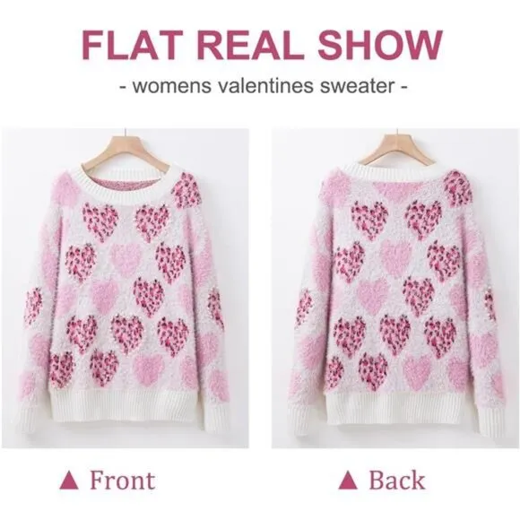 SELINK Women's Fuzzy Heart Sweater V Neck Pearl Drop Shoulder Casual Long