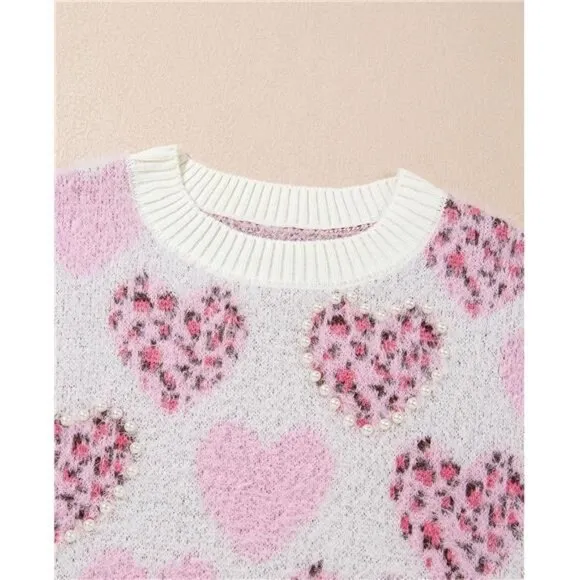 SELINK Women's Fuzzy Heart Sweater V Neck Pearl Drop Shoulder Casual Long