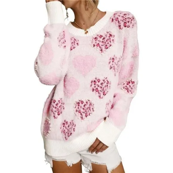 SELINK Women's Fuzzy Heart Sweater V Neck Pearl Drop Shoulder Casual Long
