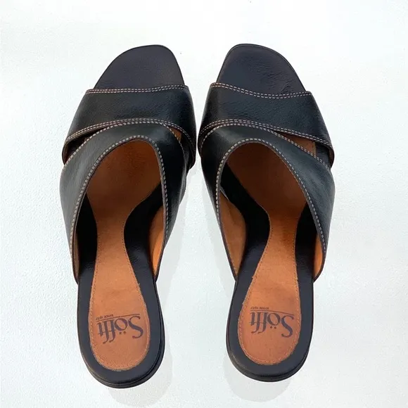 Söfft Black Leather Open Toe Wide Band Heeled Sandals ~ Women’s 10
