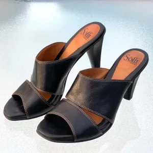 Söfft Black Leather Open Toe Wide Band Heeled Sandals ~ Women’s 10