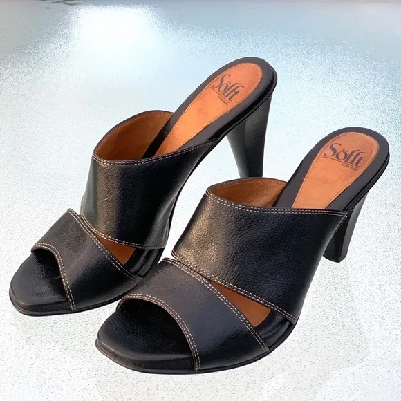 Söfft Black Leather Open Toe Wide Band Heeled Sandals ~ Women’s 10