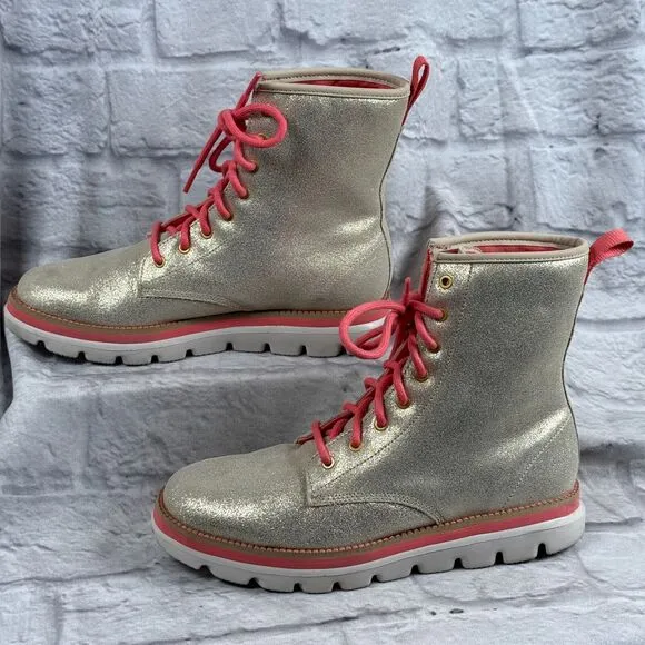 Skechers On-The-Go Womens Size 7 Combat Moto Boots Shimmer Gold Pink Lightweight