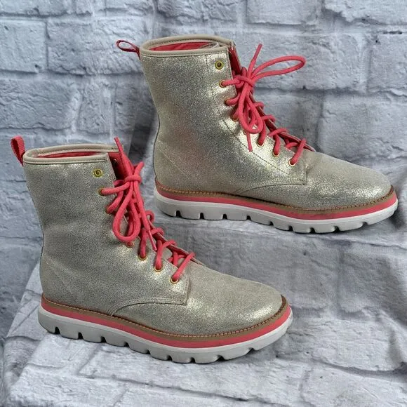 Skechers On-The-Go Womens Size 7 Combat Moto Boots Shimmer Gold Pink Lightweight