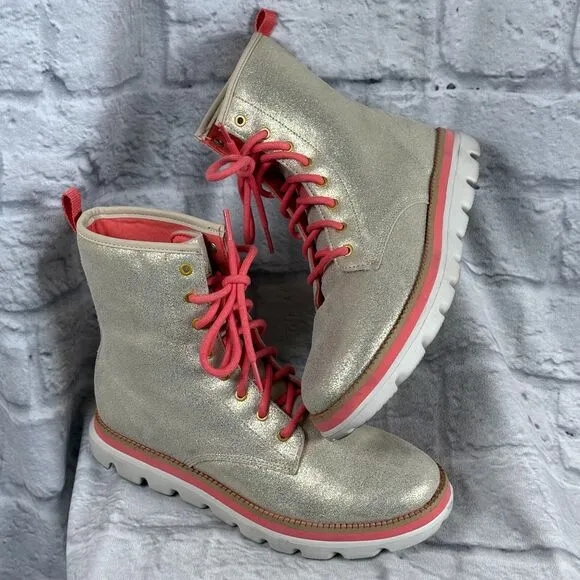 Skechers On-The-Go Womens Size 7 Combat Moto Boots Shimmer Gold Pink Lightweight
