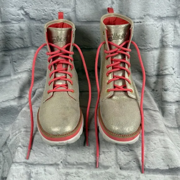 Skechers On-The-Go Womens Size 7 Combat Moto Boots Shimmer Gold Pink Lightweight