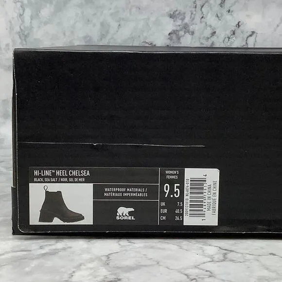 Sorel 9.5 Black/Sea Salt Hi-Line Heel Chelsea Boots Leather Waterproof P1-36