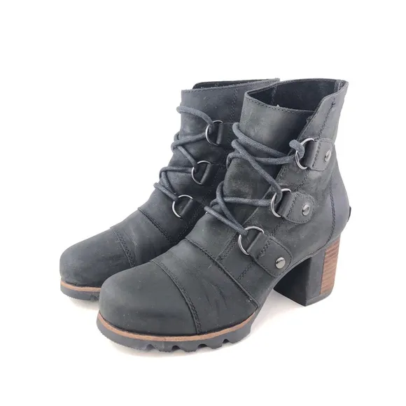 Sorel Addington Lace Black Leather Ankle Boots 7.5