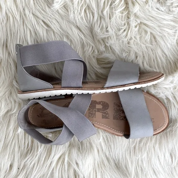 Sorel Ella Gray Sandals Elastic Straps Flat Leather Minimalist contemporary