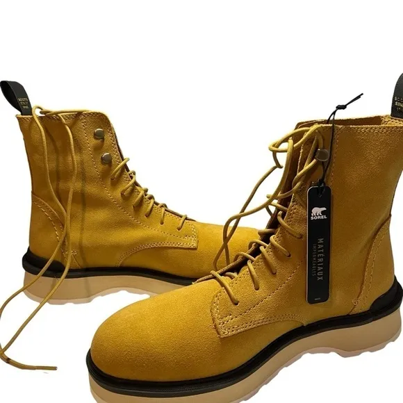 Sorel Hi Line Lace-Up Waterproof Leather Platform Boots Geo Yellow/Jet 8.5 NWB