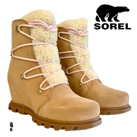 SOREL Joan Of Arctic Wedge III Lace Up Cozy Waterproof Tan Brown Winter Boots