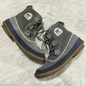 Sorel Joplin Perfed Leather Whipstitch Duck Boots in Steel Gray Blue 8.5