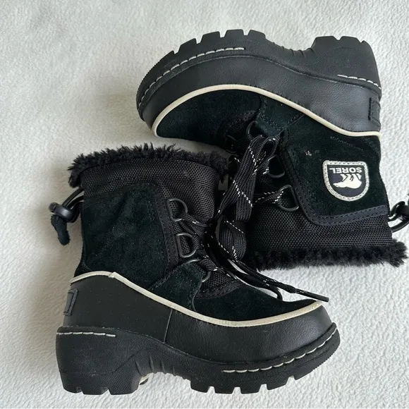 Sorel YOUTH Black Winter Snow Boots Kids Size 8 US Suede Rubber Faux Fur Lace Up