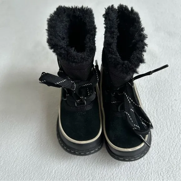 Sorel YOUTH Black Winter Snow Boots Kids Size 8 US Suede Rubber Faux Fur Lace Up