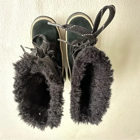 Sorel YOUTH Black Winter Snow Boots Kids Size 8 US Suede Rubber Faux Fur Lace Up