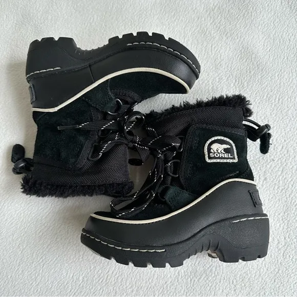 Sorel YOUTH Black Winter Snow Boots Kids Size 8 US Suede Rubber Faux Fur Lace Up
