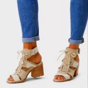 Sorel Nadia Lace Up Heels Sandals Shoes in Ancient Fossil Size 9.5