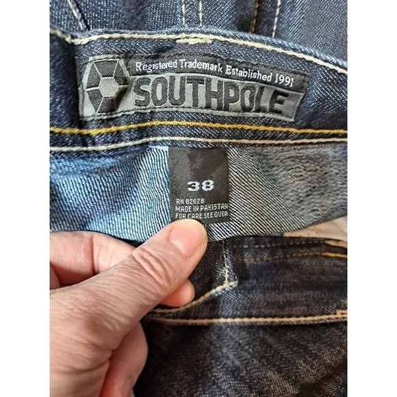 Southpole Denim Jeans Baggy Fit Y2K Dark Wash Embroidered Size 38