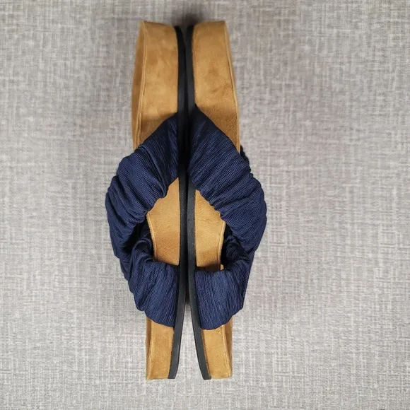 Staud Michel Ruched Slides Blue Fabric Suede Sandals Women's Size 37  US 7