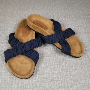 Staud Michel Ruched Slides Blue Fabric Suede Sandals Women's Size 37  US 7