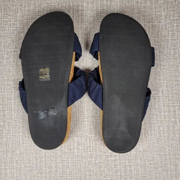 Staud Michel Ruched Slides Blue Fabric Suede Sandals Women's Size 37  US 7