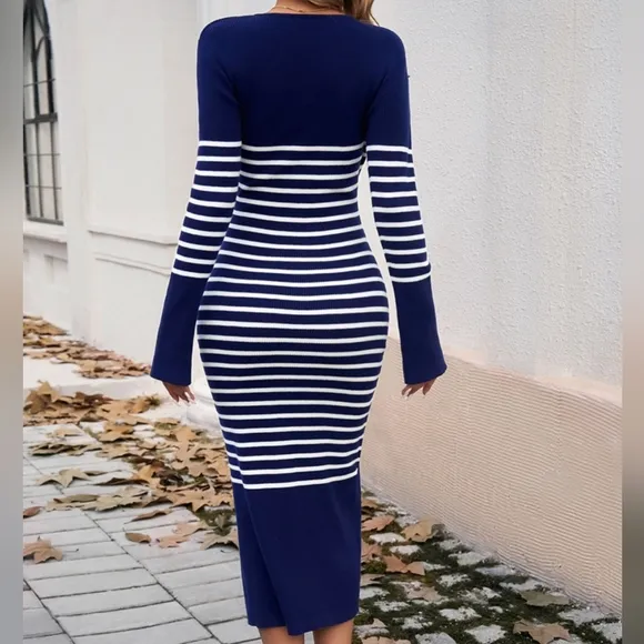Striped V-Neck Sweater Dress