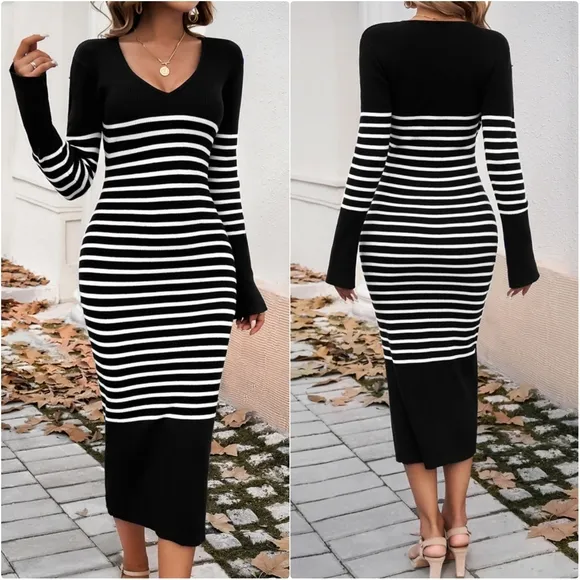 Striped V-Neck Sweater Dress
