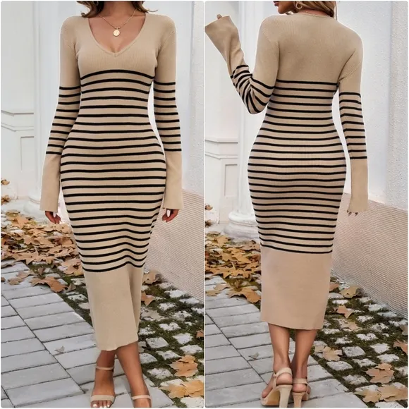 Striped V-Neck Sweater Dress
