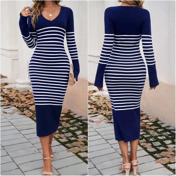 Striped V-Neck Sweater Dress