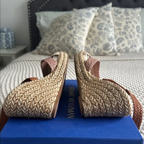 Stuart Weitzman Cream and Tan Sandals with Braided Straps
