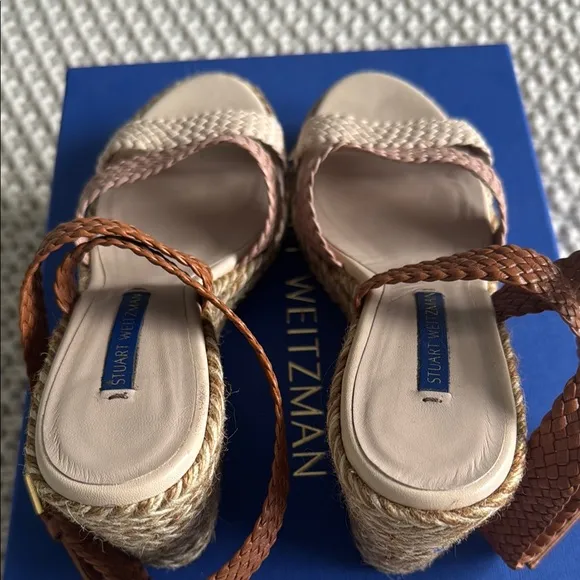 Stuart Weitzman Cream and Tan Sandals with Braided Straps