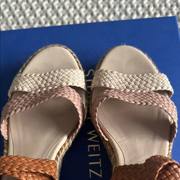 Stuart Weitzman Cream and Tan Sandals with Braided Straps