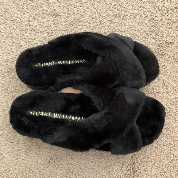 Stuart Weitzman Women's Roza Lift Faux Fur Slide Sandals Size:6.5 Black Wide Fit