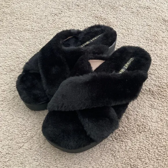 Stuart Weitzman Women's Roza Lift Faux Fur Slide Sandals Size:6.5 Black Wide Fit