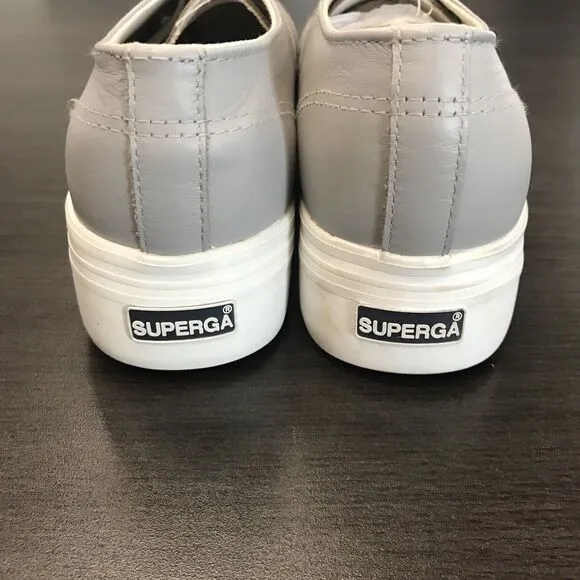 Superga Gray Leather Casual Lace Up White Soles Platform Sneaker Shoes Women 10