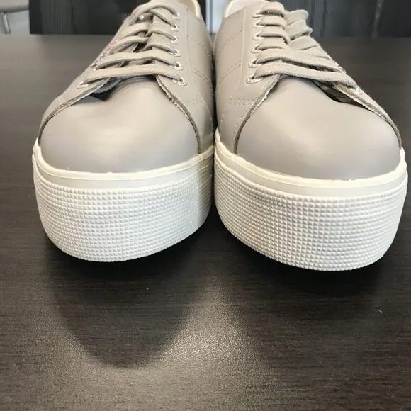 Superga Gray Leather Casual Lace Up White Soles Platform Sneaker Shoes Women 10