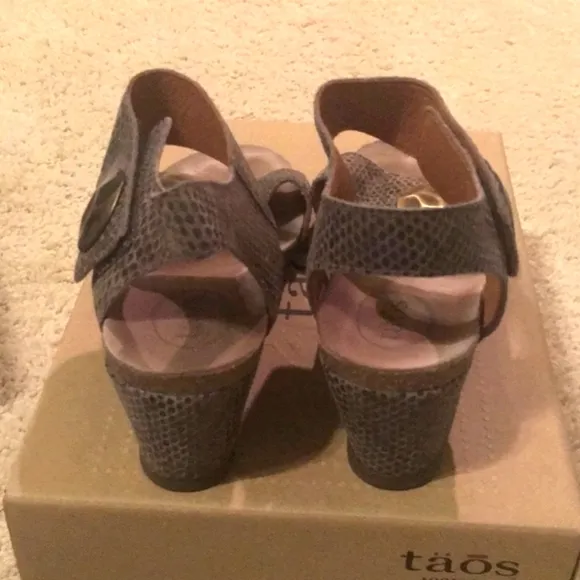 TAOS Pyramid Wedge Sandals Taupe Bronze Snake Print Leather