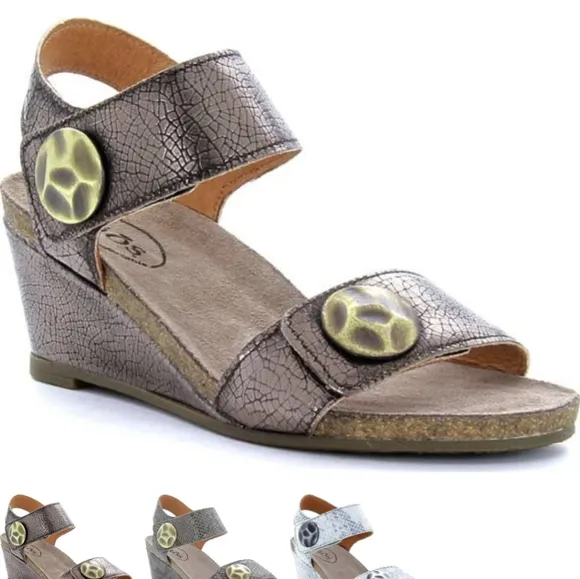 TAOS Pyramid Wedge Sandals Taupe Bronze Snake Print Leather