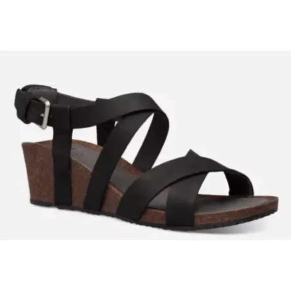 Teva Women's Mahonia Wedge Cross Strap Leather Sandals Black Size 11