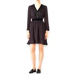 The Kooples Black &amp; Red Polka Dot Lace Velvet Trim Long Sleeve Dress - Size S