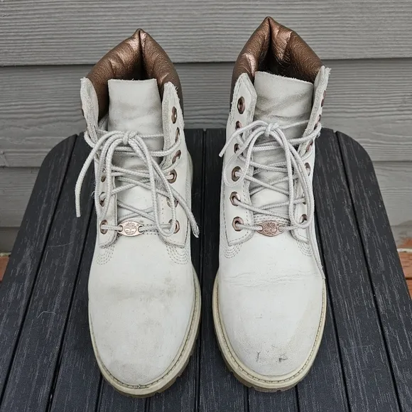 Timberland Beige White Leather Lace Up Ankle Boots Primaloft 200 Gram Women's 7