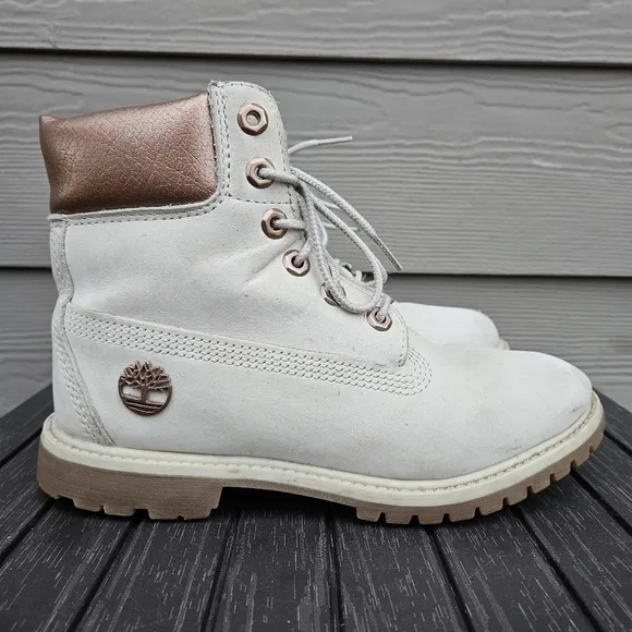 Timberland Beige White Leather Lace Up Ankle Boots Primaloft 200 Gram Women's 7