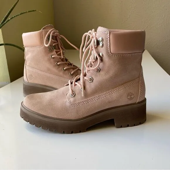 Timberland Carnaby Cool Boots Pink Mauve Suede leather Size 7.5 lace up chunky