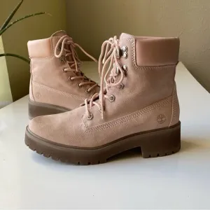 Timberland Carnaby Cool Boots Pink Mauve Suede leather Size 7.5 lace up chunky