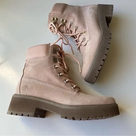 Timberland Carnaby Cool Boots Pink Mauve Suede leather Size 7.5 lace up chunky