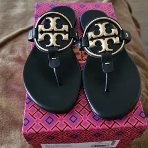 Tory Burch Black and Gold Sandals with Iconic Logo NEW